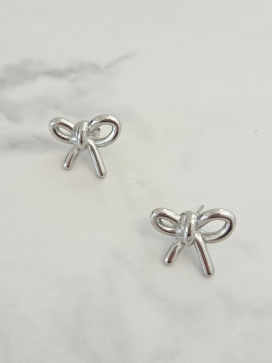 Jewelry - Silver Bow Stud Earrings Chunky Metallic Ribbon Coquette Statement Minimalist